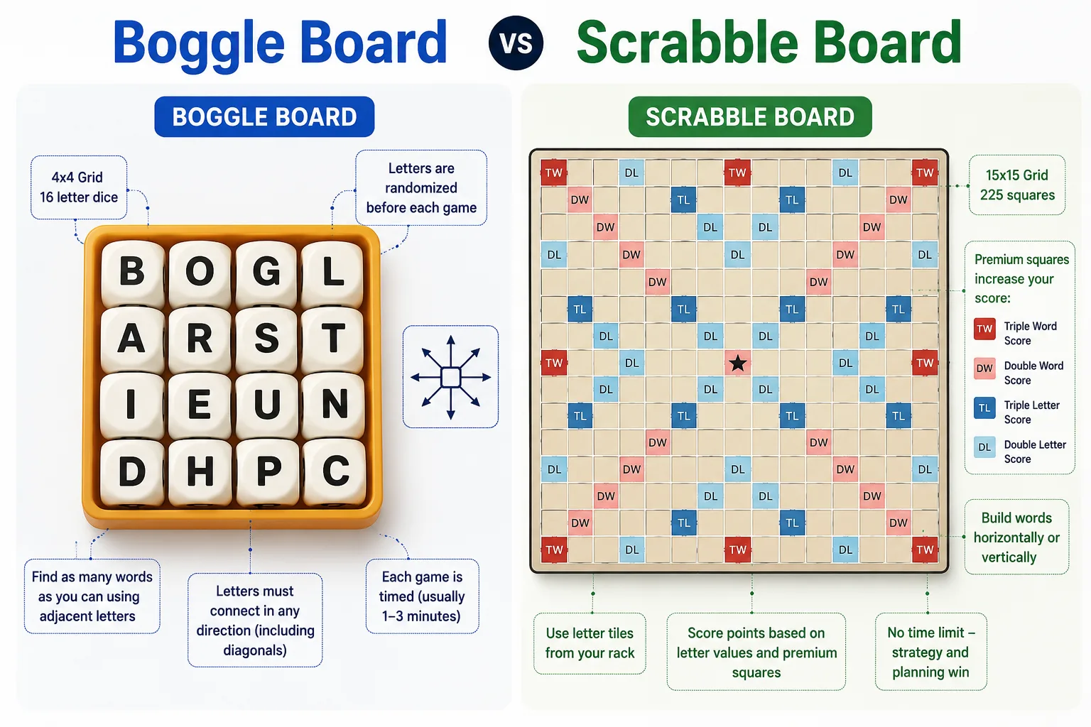 Boggle board vs Scrabble board comparison